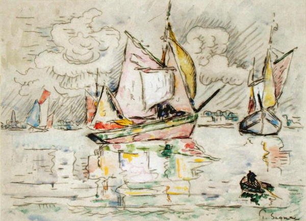 Łodzie rybackie (węgiel, akwarela i gwasz na papierze) autorstwa Paul Signac