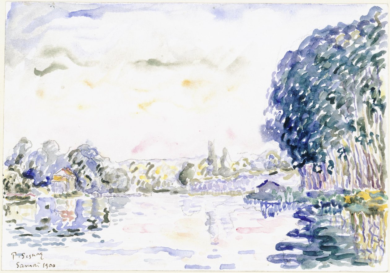 Pejzaż rzeczny z domkiem i drzewami autorstwa Paul Signac