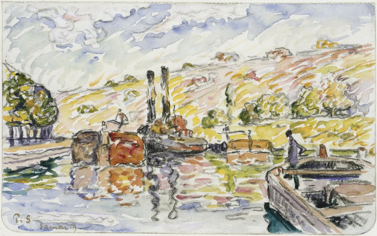 Krajobraz rzeczny z holownikami i barkami autorstwa Paul Signac