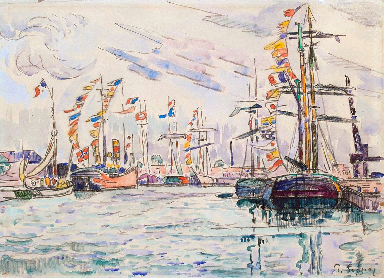 Żaglówki ze świątecznymi flagami na molo w Saint-Malo, lata 20. XX wieku. autorstwa Paul Signac