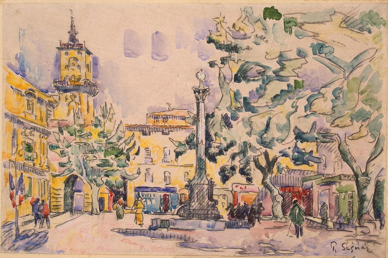 Plac Hotel de Ville w Aix-en-Provence (pióro i atrament z akwarelą i gwaszem na papierze) autorstwa Paul Signac