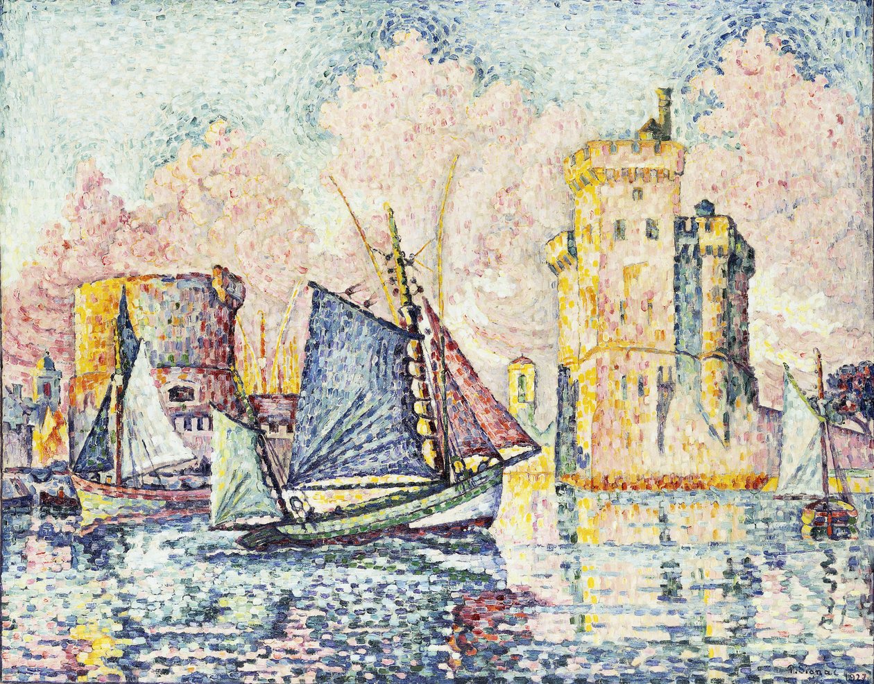 Statek tuńczykowy wchodzący do portu w La Rochelle, ustawienie; Statek tuńczykowy wchodzący do portu La Rochelle, Couchant, 1927 autorstwa Paul Signac