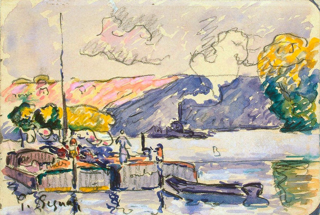 Dwie barki, łódź i holownik w Samois, ok. 1900. autorstwa Paul Signac