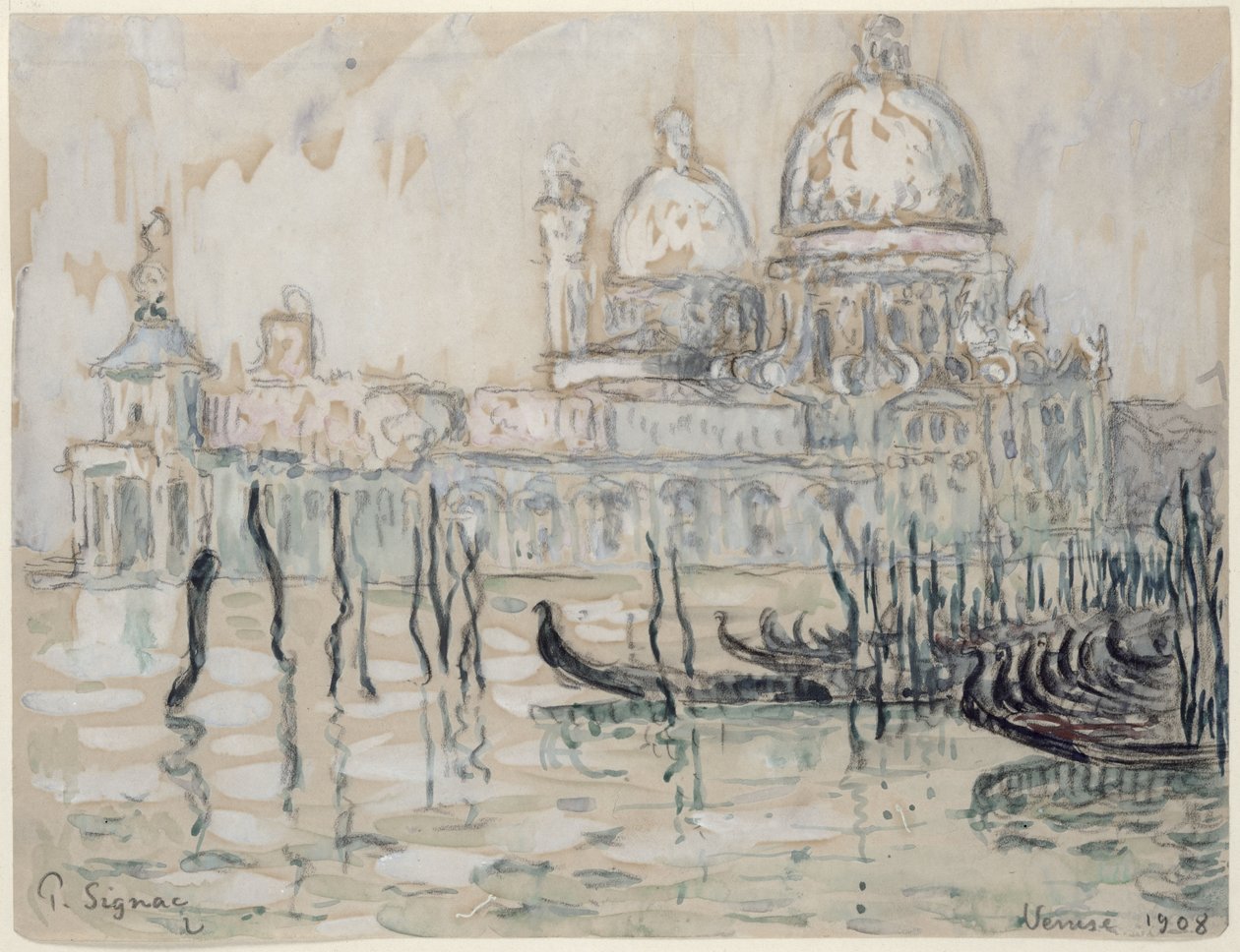 Wenecja lub Gondole, 1908 (czarna kreda i wc na papierze) autorstwa Paul Signac