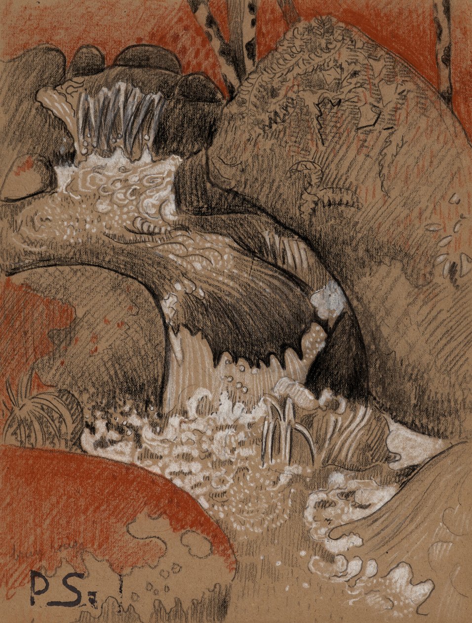 Skały Huelgoat, ok. 1892 (węgiel, czerwona i biała kreda) autorstwa Paul Sérusier