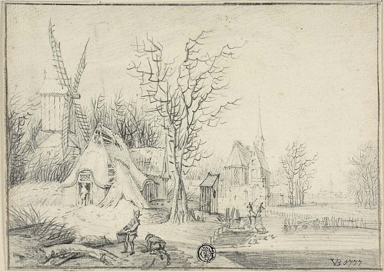 Wioska z wiatrakiem i kościołem autorstwa Paul Theodor van Brussel