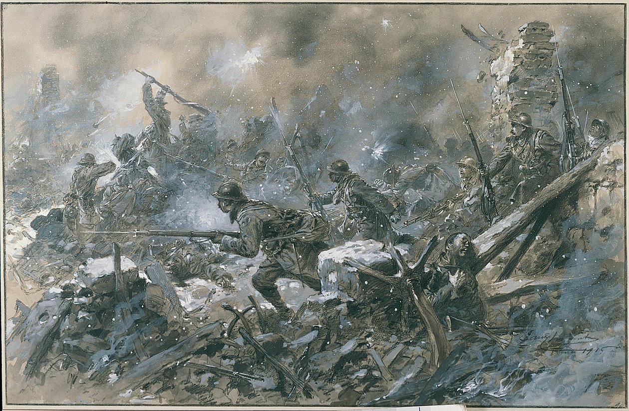 Pierwsza wojna światowa (1914-1918): „”Kontratak w wiosce Vaux w 1916 r. na froncie Verdun””” Akwarela Paula Thiriata Paris. Musee, Des deux guerre mondiale DR - francuski kontratak na wioskę Vaux niedaleko Verdun autorstwa Paul Thiriat