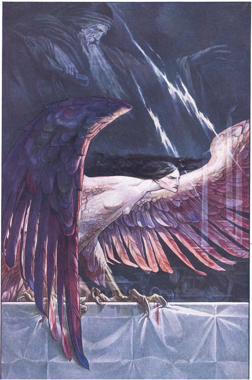 Ariel jako harpia, ilustracja z Burzy, 1908 autorstwa Paul Vincent Woodroffe