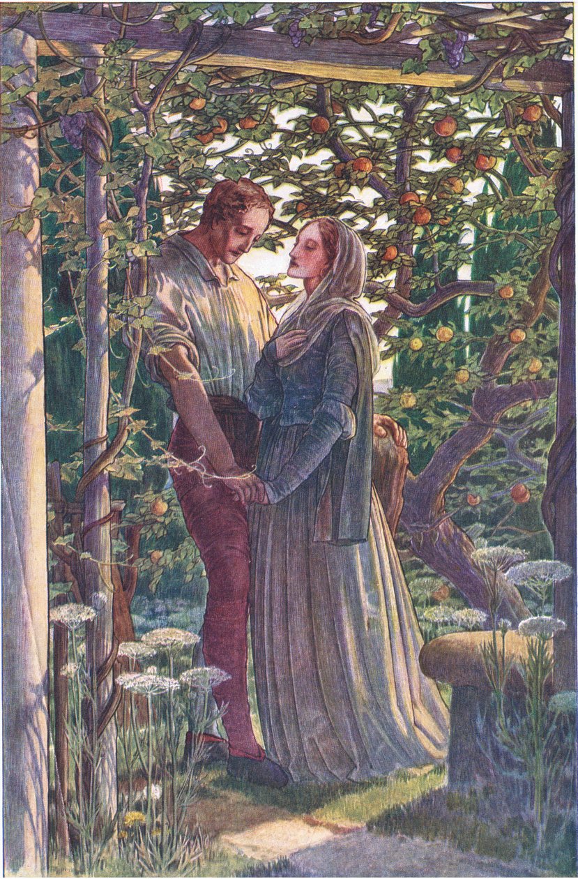 Uczciwe spotkanie najrzadszych uczuć, ilustracja z Burzy, 1908 autorstwa Paul Vincent Woodroffe