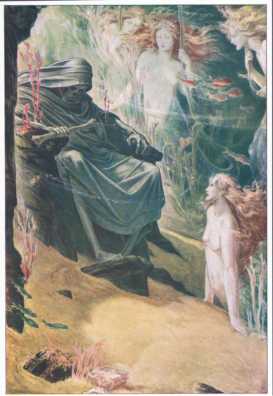 Zgłębić pięć kłamstw ojca twego: z jego kości zrobiony jest koral, ilustracja z Burzy, 1908 autorstwa Paul Vincent Woodroffe