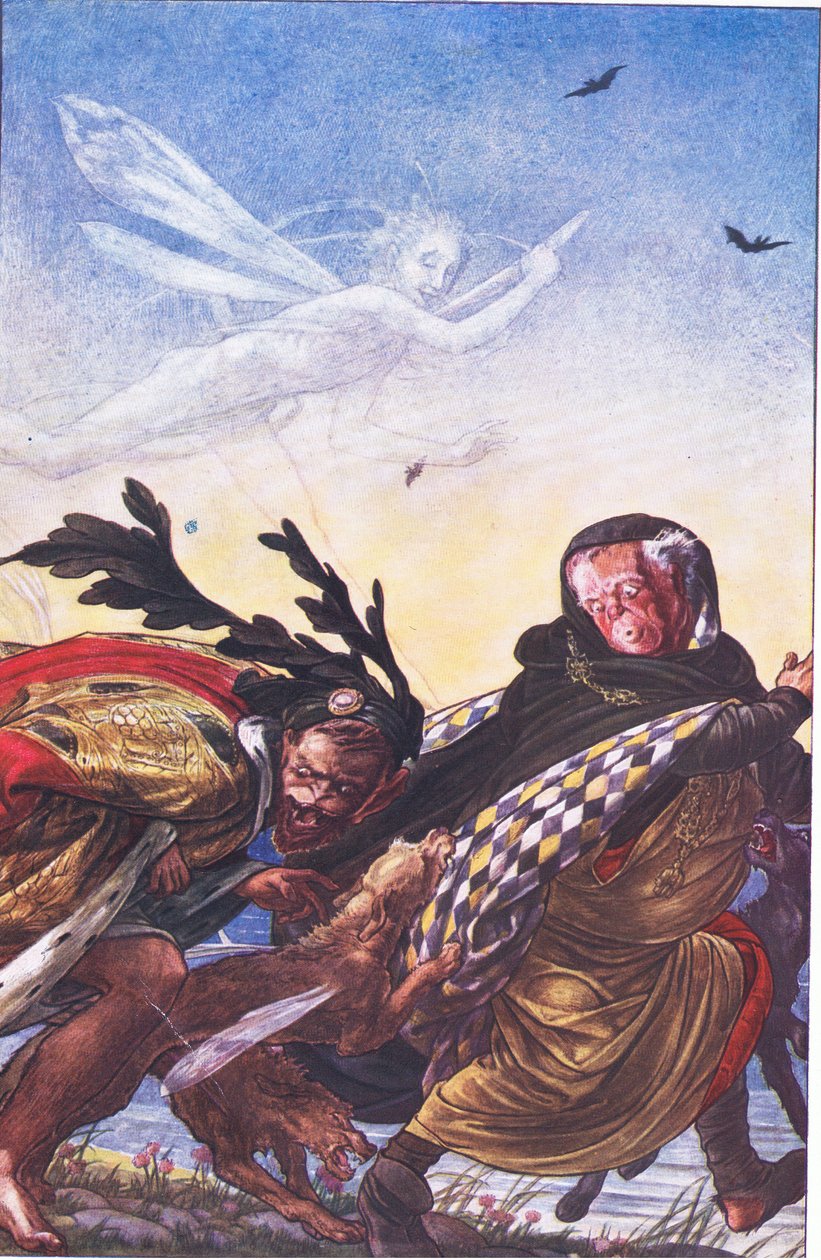 Furia! Furia! Trzy tyranu, słuchajcie! Słuchajcie!, ilustracja z Burzy, 1908 autorstwa Paul Vincent Woodroffe