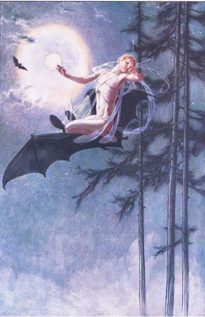 Na grzbiecie nietoperza latam, ilustracja z Burzy, 1908 autorstwa Paul Vincent Woodroffe