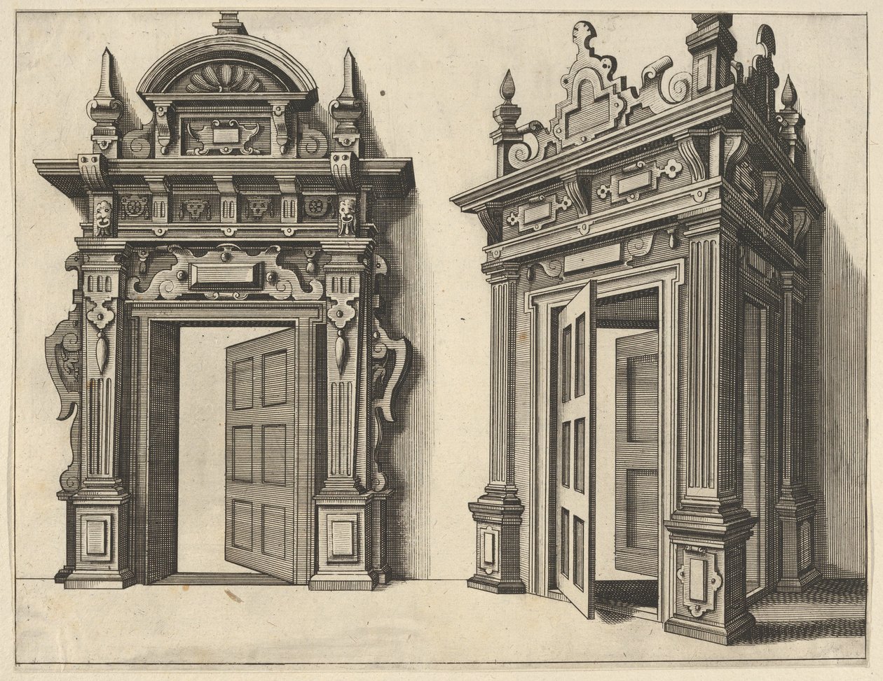 Dwa drewniane portale z Verscheyden Schrynwerck... [Plusieurs Menuiseries...], 1658. autorstwa Paul Vredeman de Vries