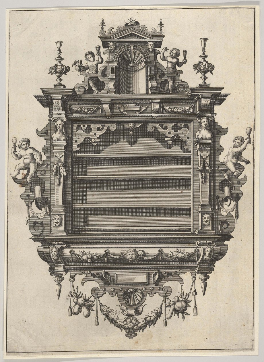 Regał wiszący z Verscheyden Schrynwerck... [Plusieurs Menuiseries...], 1658. autorstwa Paul Vredeman de Vries