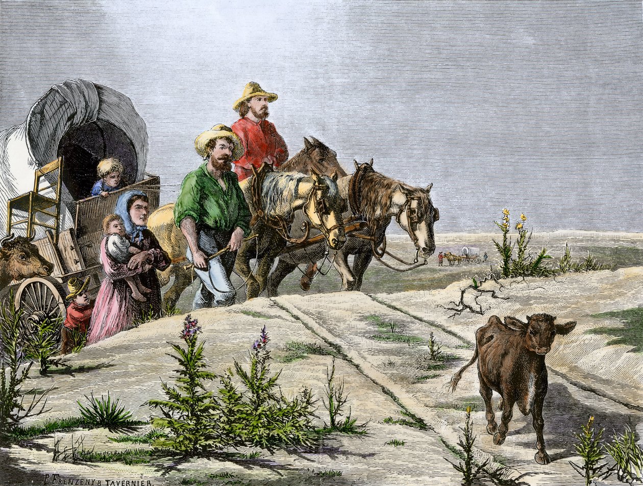 Historia osadników z West Conquete: Amerykańscy pionierzy. "Arkansas pelerins", rodzina przemierza Wielkie Równiny w pracowitości. Kolorowa rycina z XIX wieku. autorstwa Paul and Tavernier Jules (1844-99) Frenzeny