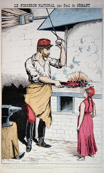 Ilustracja z „La Bombe” przedstawiająca generała Boulangera z Marianne, karykatura dotycząca francuskich wyborów w 1889 r., 9 czerwca 1889 r. (kolor lito) autorstwa Paul de Semant