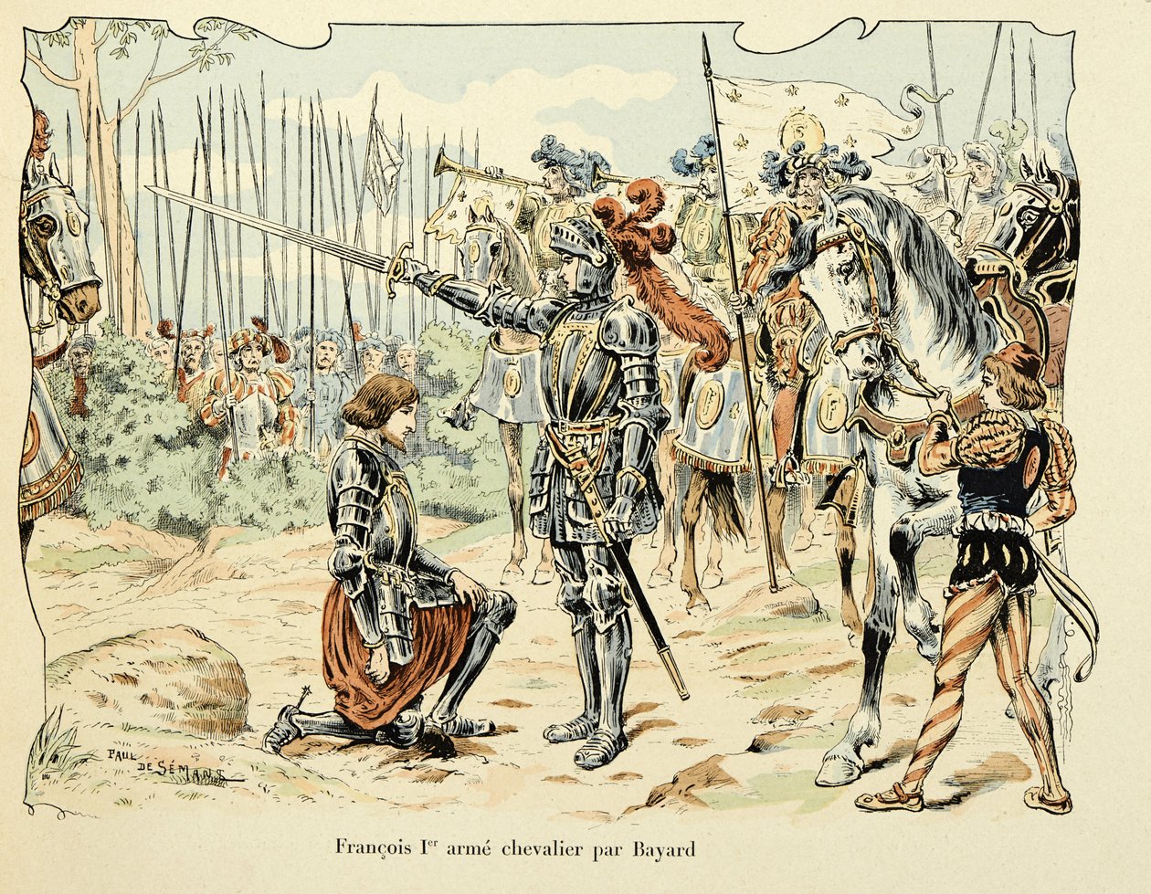 Ilustracja zaczerpnięta z książki „Histoire du chevalier Bayard” autorstwa Theodore Cahu, ilustrowana przez Paula De Semanta (1855-1915): Francois 1, er arme chevalier par Bayard 1515 autorstwa Paul de Semant
