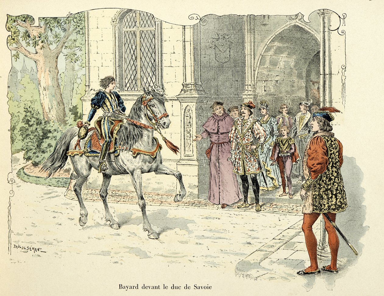Ilustracja zaczerpnięta z książki „Histoire du chevalier Bayard” autorstwa Theodore Cahu, zilustrowana przez Paula De Semanta (1855-1915): Bayard wiek 11 lat przed księciem Sabaudii 1486 autorstwa Paul de Semant