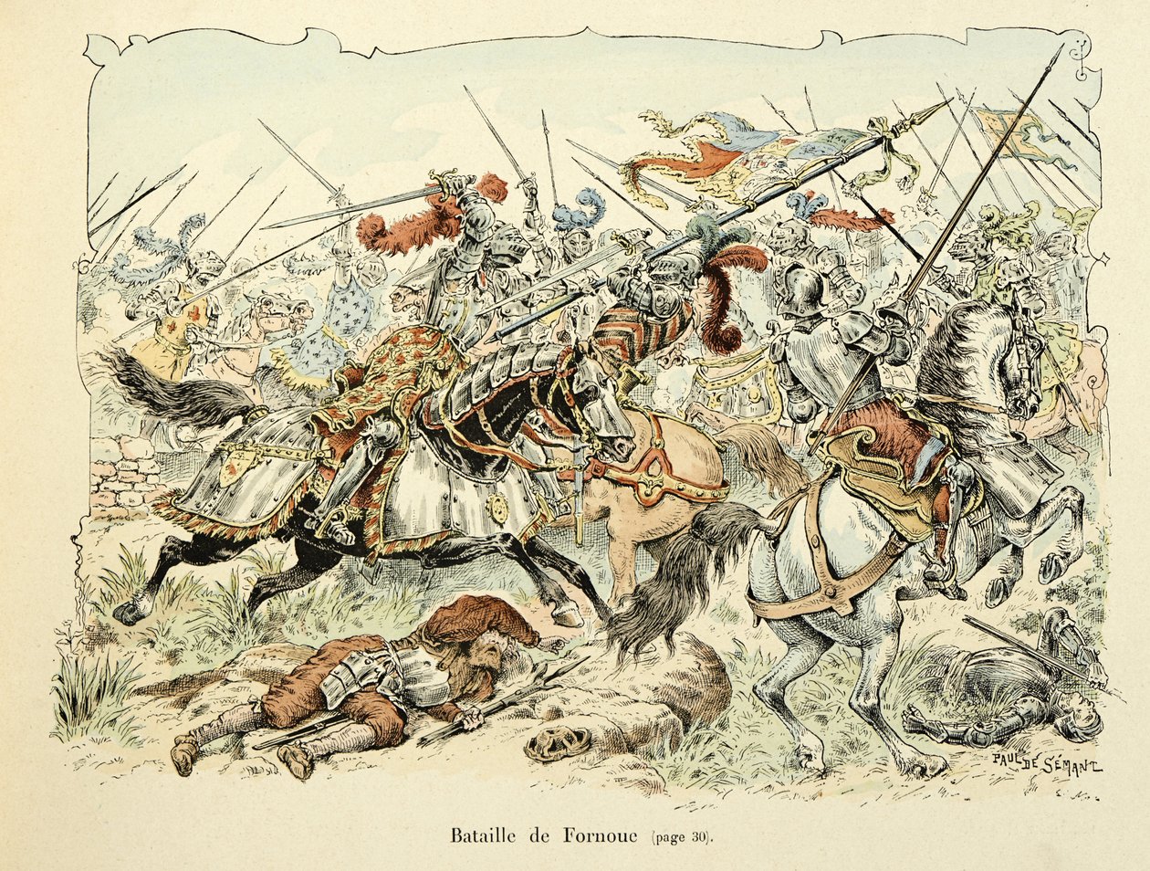Ilustracja zaczerpnięta z książki „Histoire du chevalier Bayard” autorstwa Theodore Cahu, ilustrowana przez Paula De Semanta (1855-1915): Bitwa pod Fornoua 1495 autorstwa Paul de Semant