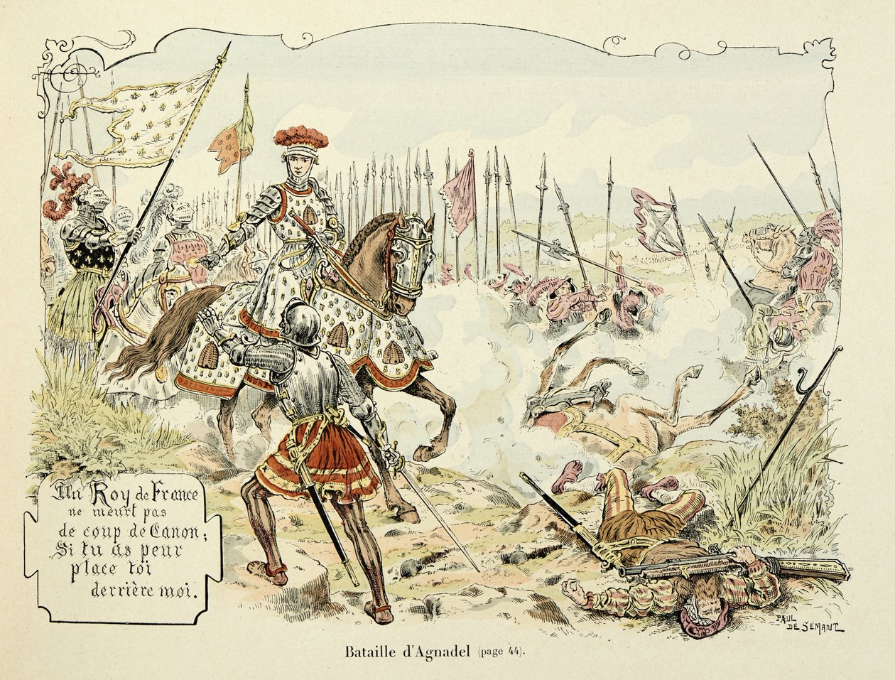 Ilustracja zaczerpnięta z książki „Histoire du chevalier Bayard” autorstwa Theodore Cahu, zilustrowana przez Paula De Semanta (1855-1915): Bitwa pod Agnadel 1509 autorstwa Paul de Semant
