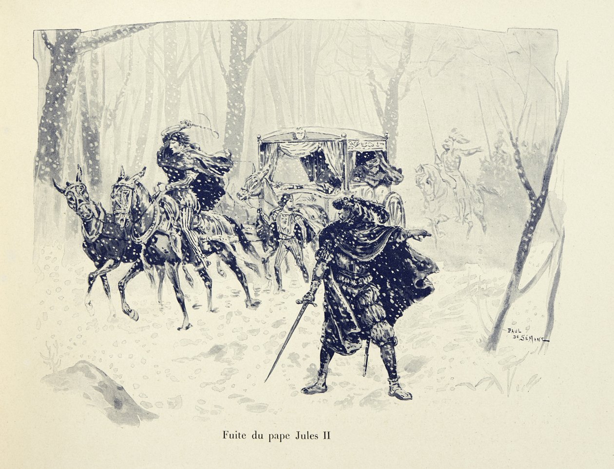 Ilustracja zaczerpnięta z książki „Histoire du chevalier Bayard” autorstwa Theodore Cahu, ilustrowana przez Paula De Semanta (1855-1915): Ucieczka papieża Juliusza II autorstwa Paul de Semant
