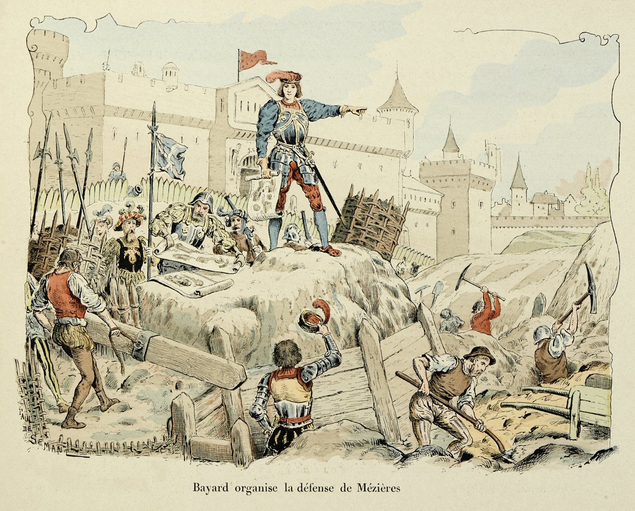 Ilustracja zaczerpnięta z książki „Histoire du chevalier Bayard” Theodore Cahu, ilustrowana przez Paula De Semanta (1855-1915): Bayard organizuje obronę Mezieres 1521 autorstwa Paul de Semant