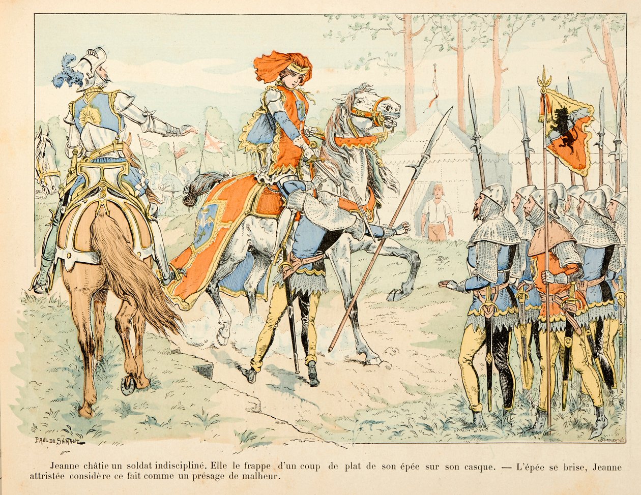 Ilustracja zaczerpnięta z książki „”Joan of Arc”” Theodore Cahu i zilustrowana przez Paula De Semant (1855-1915): Joanna d’Arc rozmawia z niezdyscyplinowanym żołnierzem autorstwa Paul de Semant
