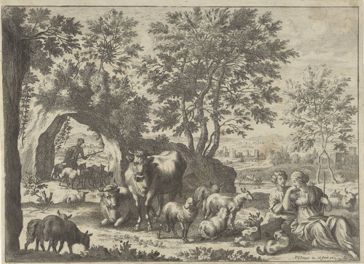 Pasterz i pasterka ze stadem autorstwa Paul van Somer (II)
