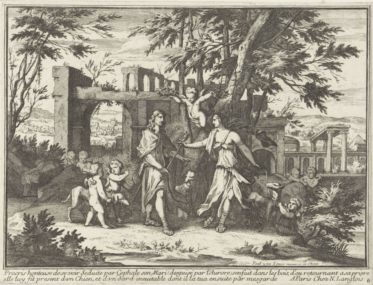 Prokrys i przebrany Cefalus Przedstawienia mitologiczne w pejzażach (tytuł serii) autorstwa Paul van Somer (II)