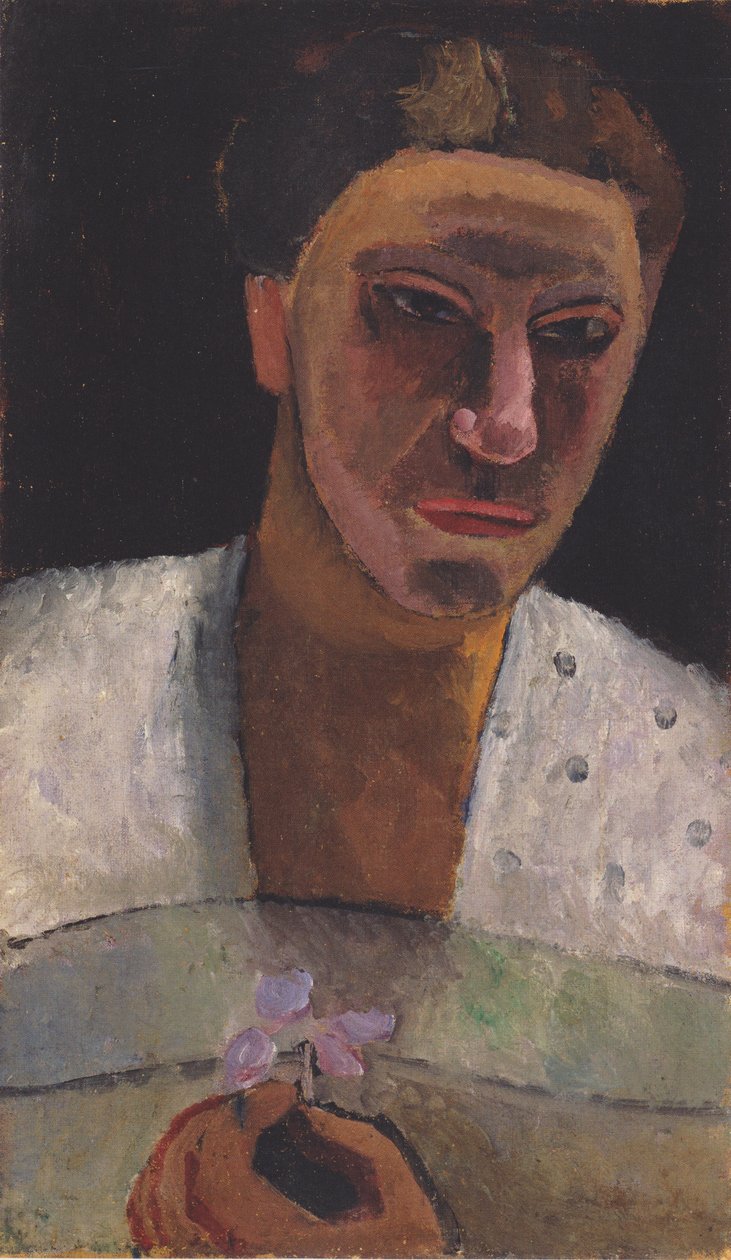 Portret w połowie długości Lee Hoetgera z kwiatem autorstwa Paula Modersohn Becker