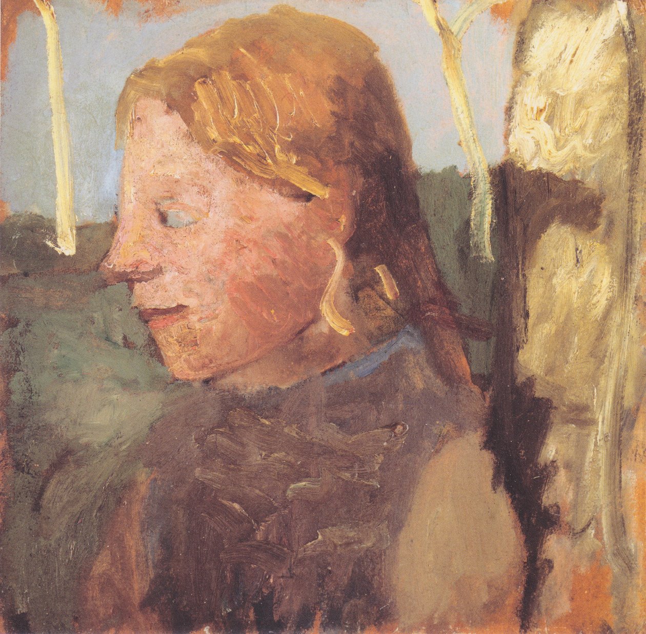 Pół portret dziewczyny w profilu obok pnia brzozy autorstwa Paula Modersohn Becker