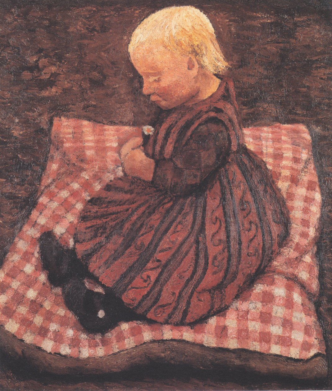 Dziecko na poduszce pokrojonej w czerwoną kostkę autorstwa Paula Modersohn Becker