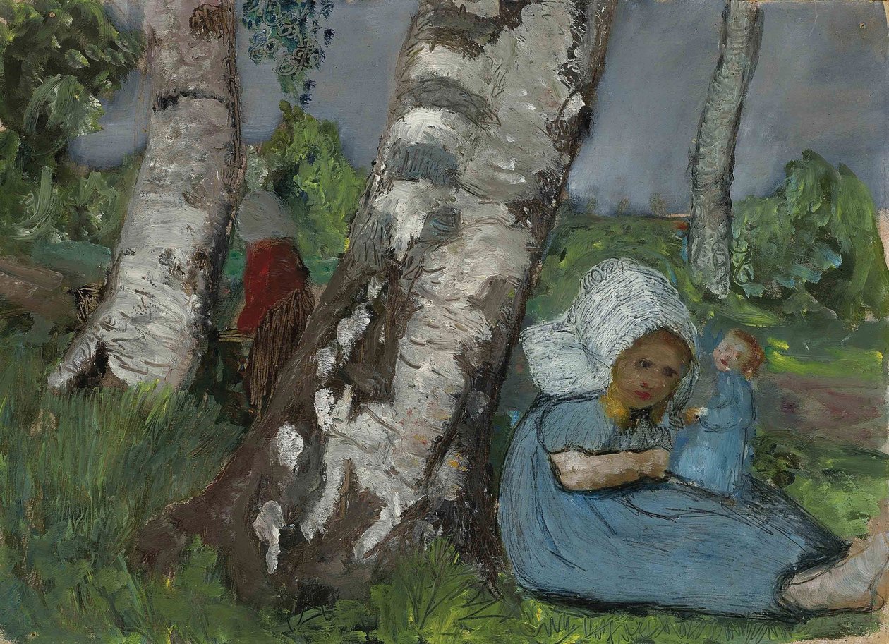 Dziecko z lalką siedzącą na pniu brzozy autorstwa Paula Modersohn Becker