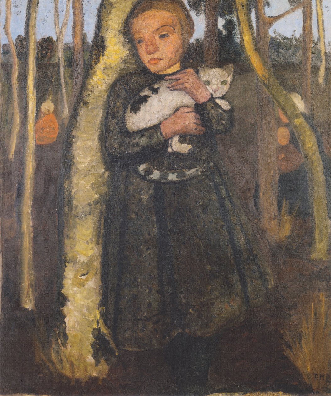 Dziewczyna w brzozowym lesie z kotem autorstwa Paula Modersohn Becker