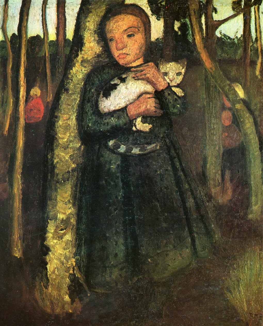Dziewczyna z kotem w brzozowym lesie autorstwa Paula Modersohn Becker