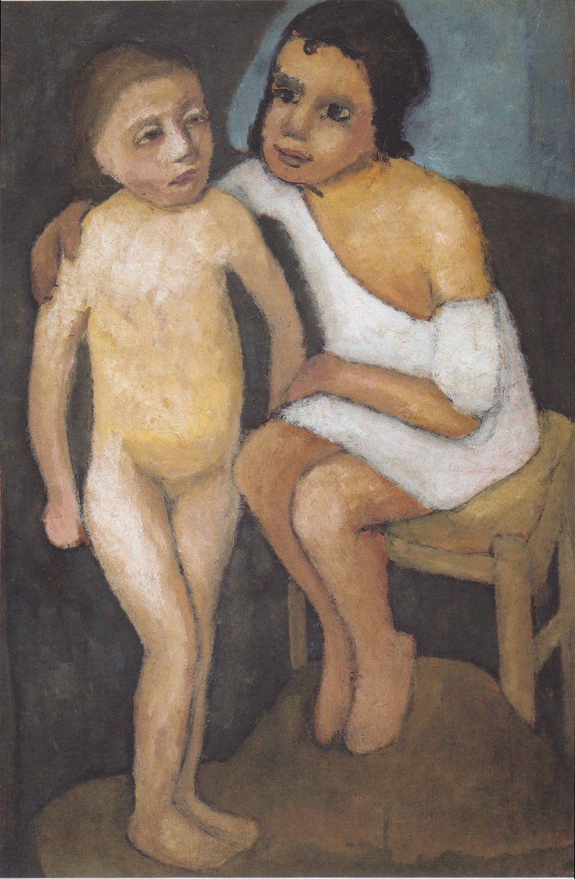 Siedząca dziewczyna w białej koszuli i stojąca naga dziewczyna autorstwa Paula Modersohn Becker