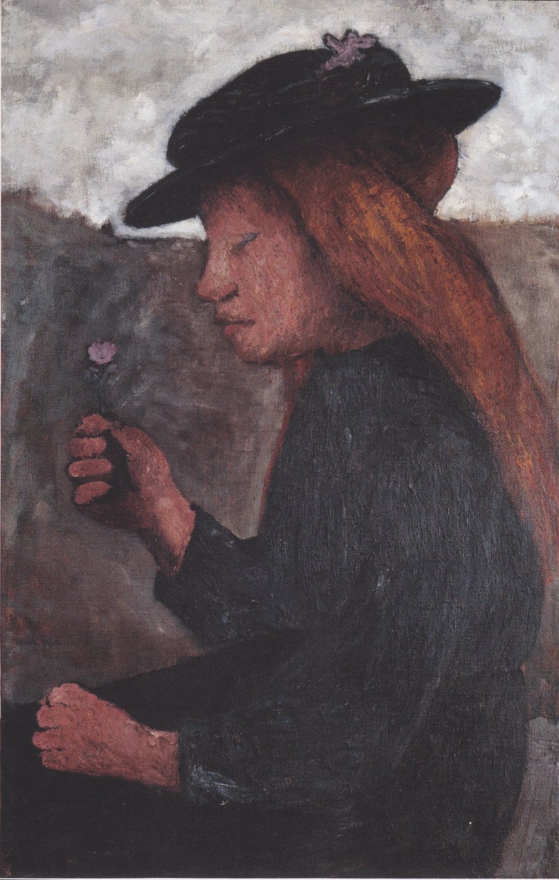 Siedząca dziewczyna z czarnym kapeluszem i kwiatem w prawej ręce autorstwa Paula Modersohn Becker