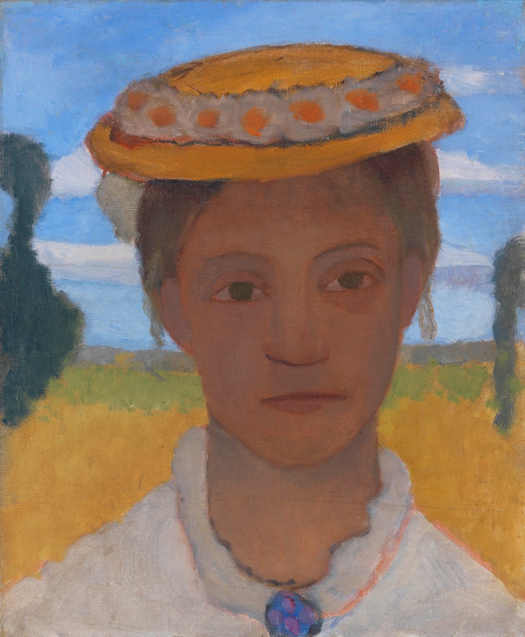 Siostra Artystki Herma z wieńcem stokrotek na kapeluszu, ok. 1901 r. autorstwa Paula Modersohn Becker