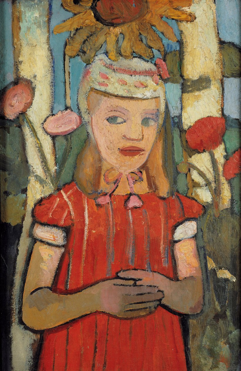 Dziewczyna w czerwonej sukience przed słonecznikiem, 1907. autorstwa Paula Modersohn Becker