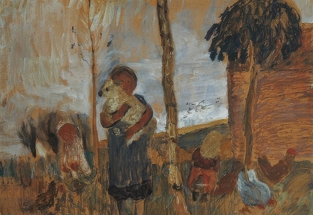 Dzieci i kurczaki na tle krajobrazu. około 1902 autorstwa Paula Modersohn Becker
