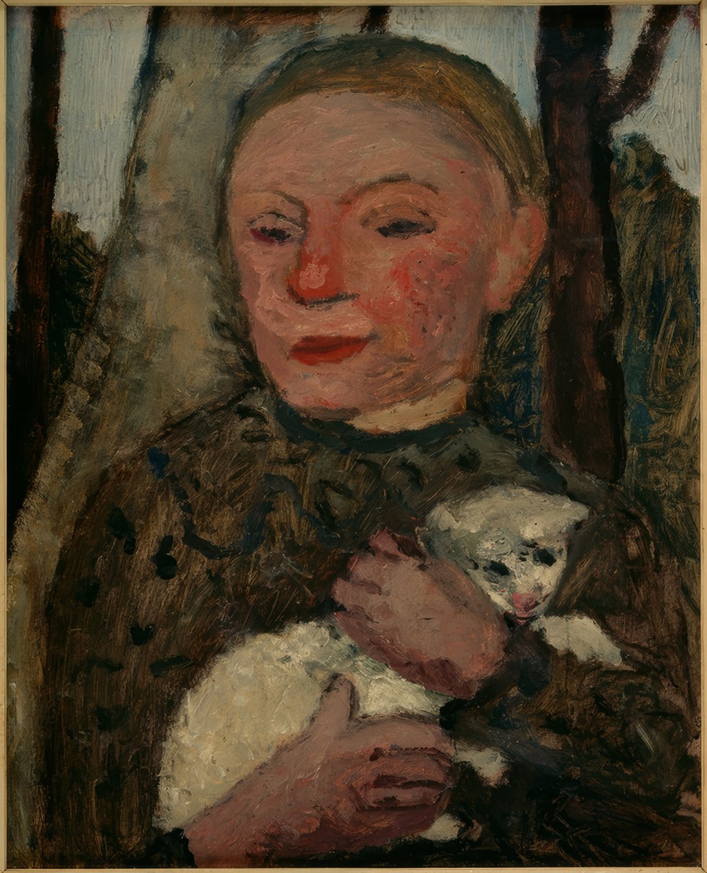 Dziewczyna z barankiem (portret w połowie długości dziewczyny z barankiem na rękach) autorstwa Paula Modersohn Becker