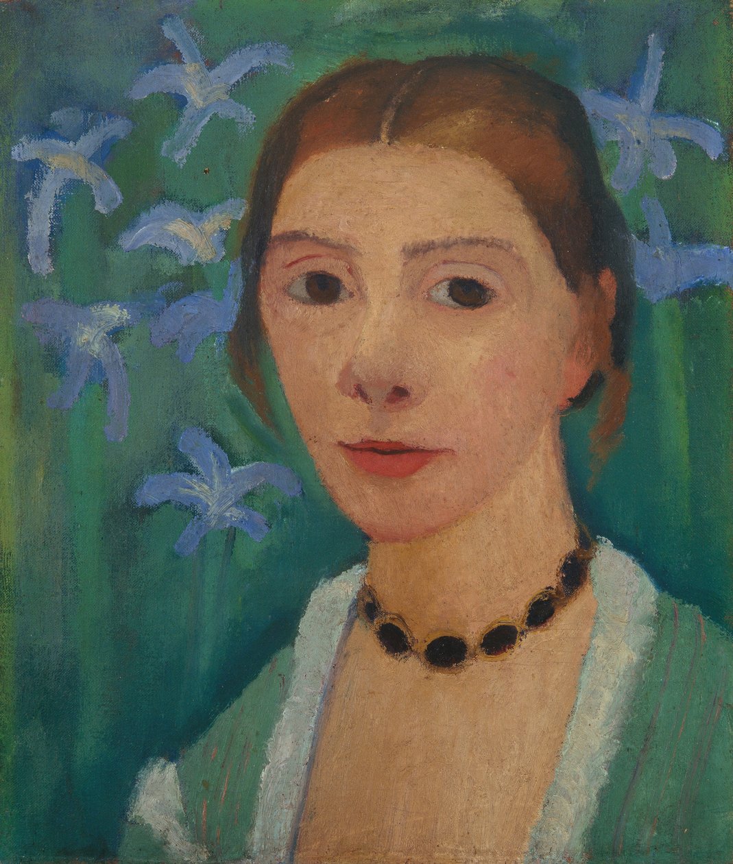 Autoportret na zielonym tle z niebieską tęczówką autorstwa Paula Modersohn Becker