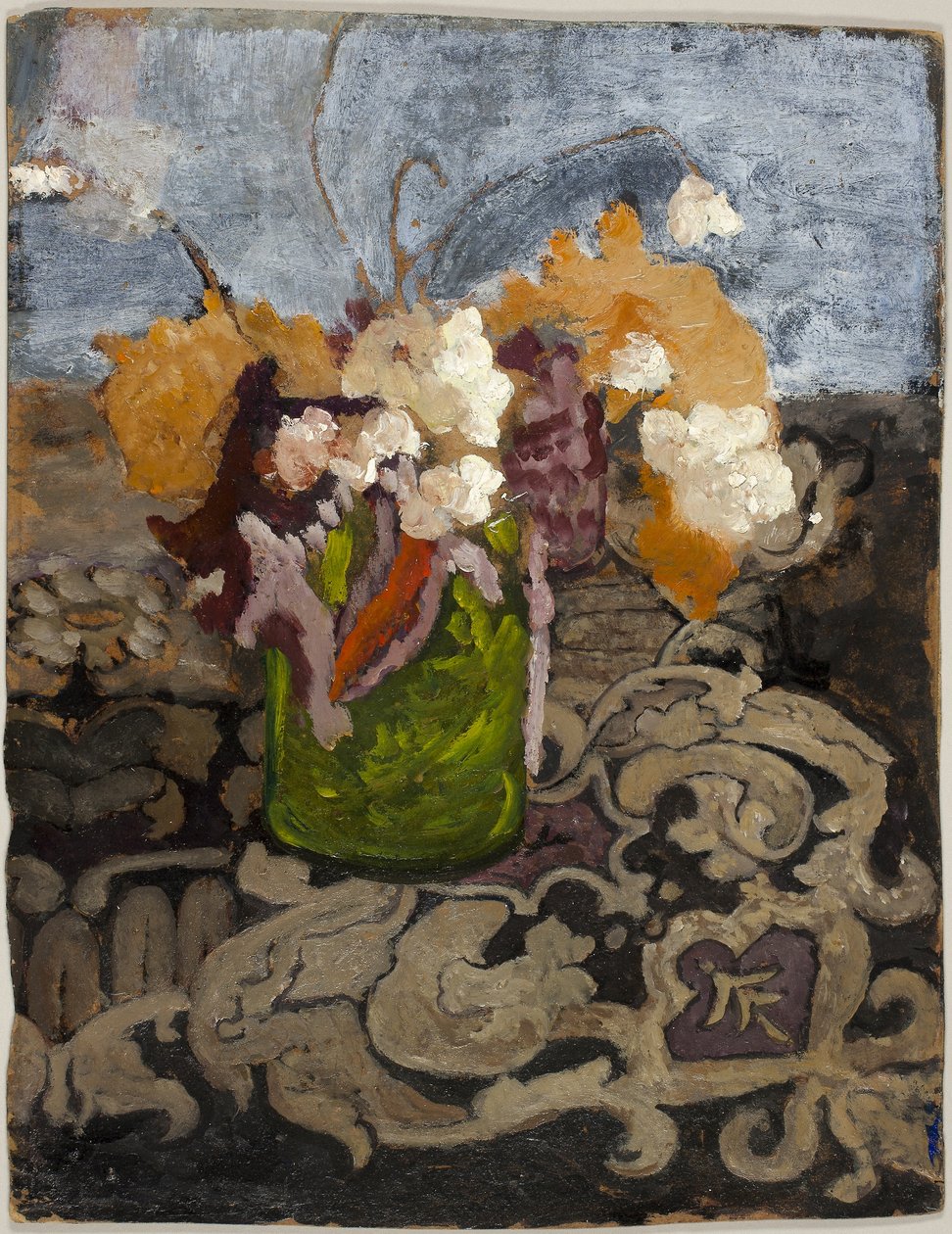 Martwa natura z zielonym wazonem, ok. 1902 (olej na brązowej płycie pilśniowej, lakierowany) autorstwa Paula Modersohn Becker