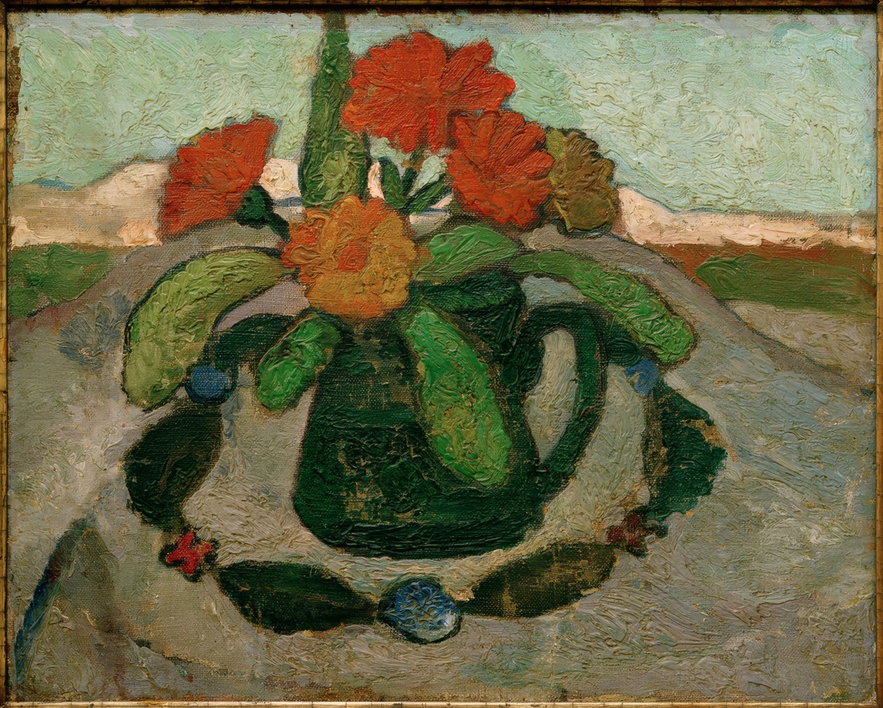 Martwa natura z nagietkami na tle krajobrazu autorstwa Paula Modersohn Becker