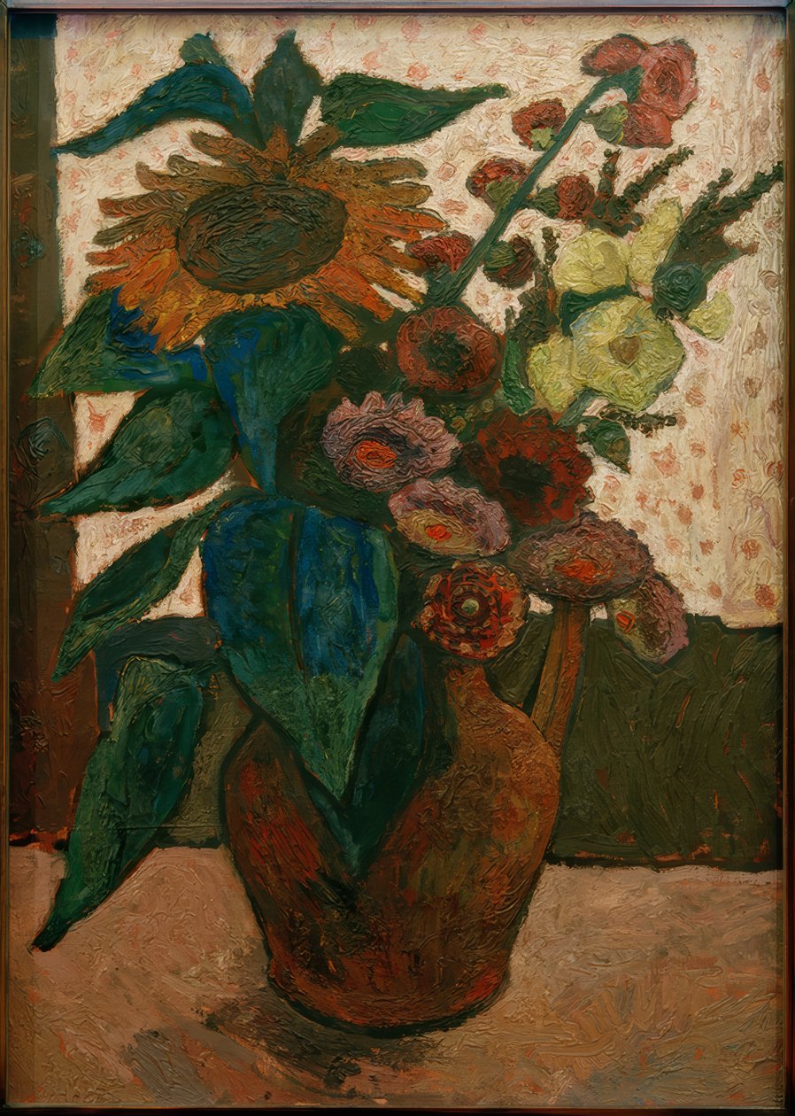 Martwa natura ze słonecznikiem, malwami i gruzińskimi autorstwa Paula Modersohn Becker