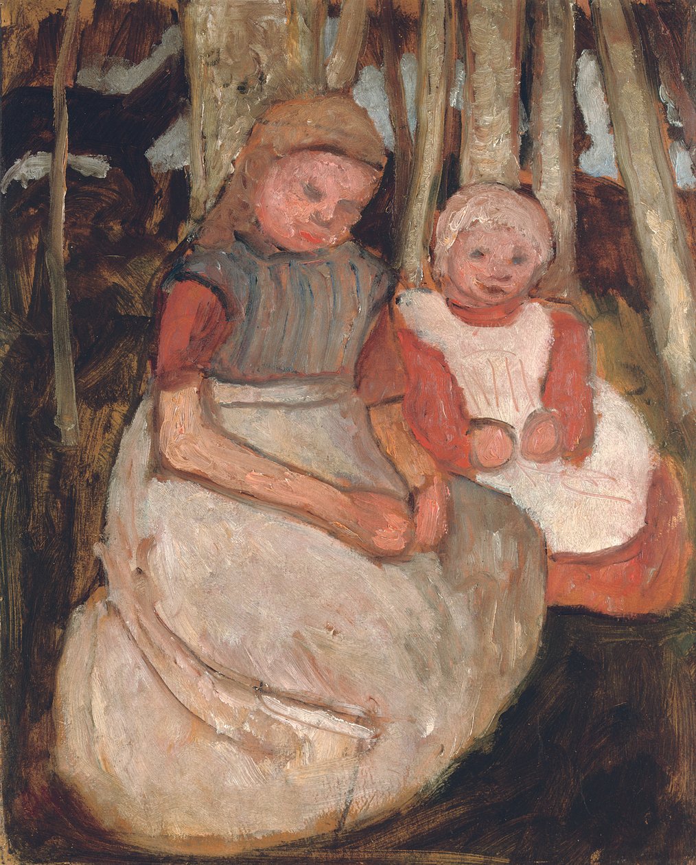 Dwie siedzące dziewczyny przed pniami brzozy; Dwie siedzące dziewczyny przed brzozowymi pniami, 1904 autorstwa Paula Modersohn Becker