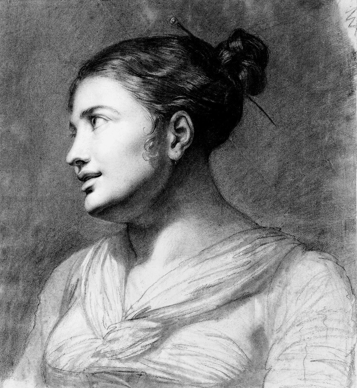 Portret dziewczyny, do biustu, zwróconej w trzech czwartych w lewo (czarno-biała kreda na jasnobrązowym papierze) autorstwa Pauline Auzou