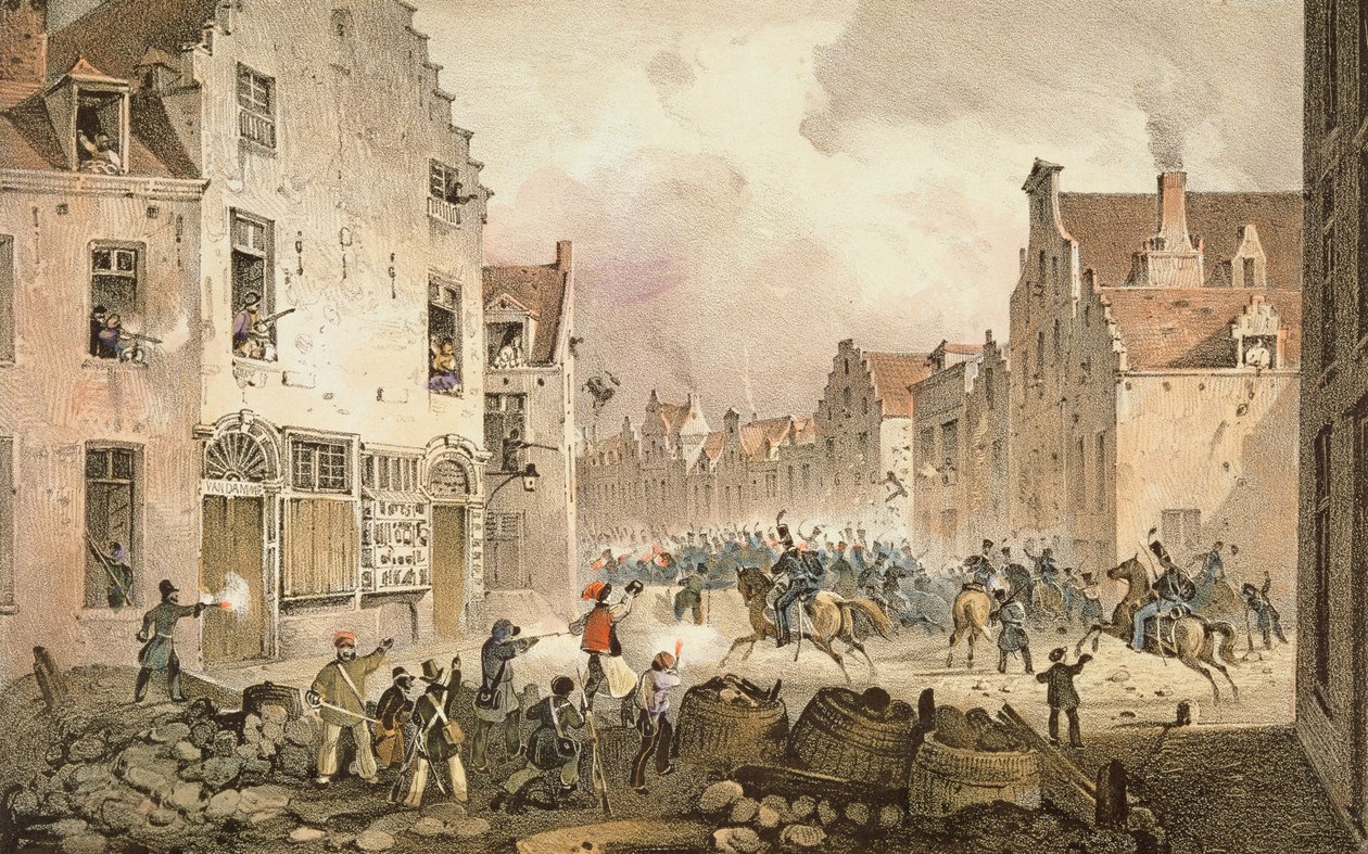 Walki i barykady na Rue de Flandre, Bruksela, 23 września 1830, ryty przez Dewasme-Pletinckx autorstwa Paulus Lauters