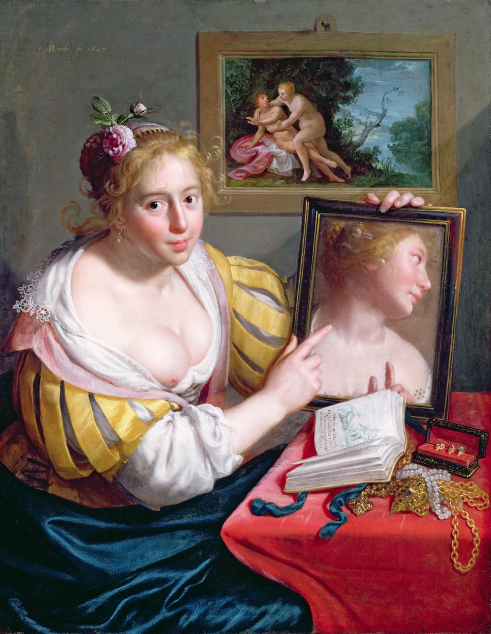 Dziewczyna z lustrem, alegoria bluźnierczej miłości, 1627 autorstwa Paulus Moreelse
