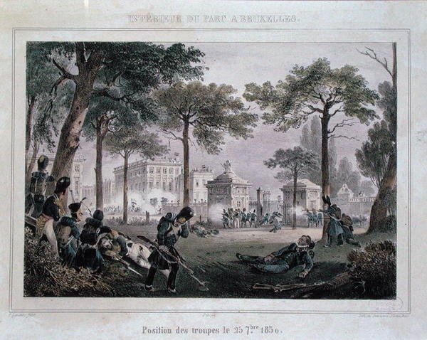 Oddziały w Parc Royal, Bruksela, 25 września 1830, grawerowane przez Dewasme-Pletinckx (kolor lito) autorstwa Paulus (after) Lauters